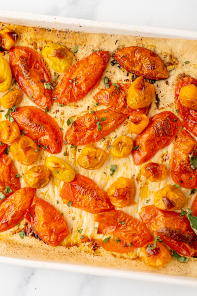 overhead shot of sheet pan of roasted tomatoes