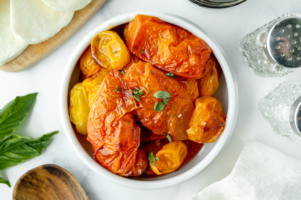 overhead shot of bowl of roasted tomatoes