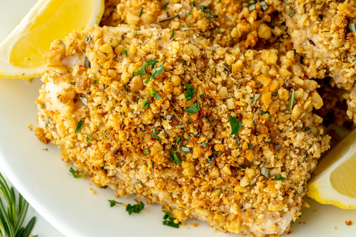 close up overhead shot of walnut crusted chicken