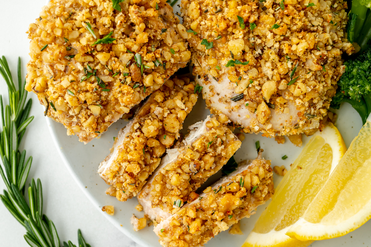 close up overhead shot of sliced breaded chicken