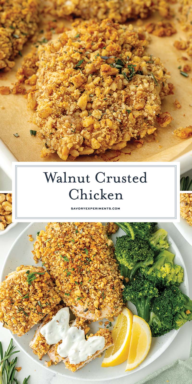 collage of walnut crusted chicken