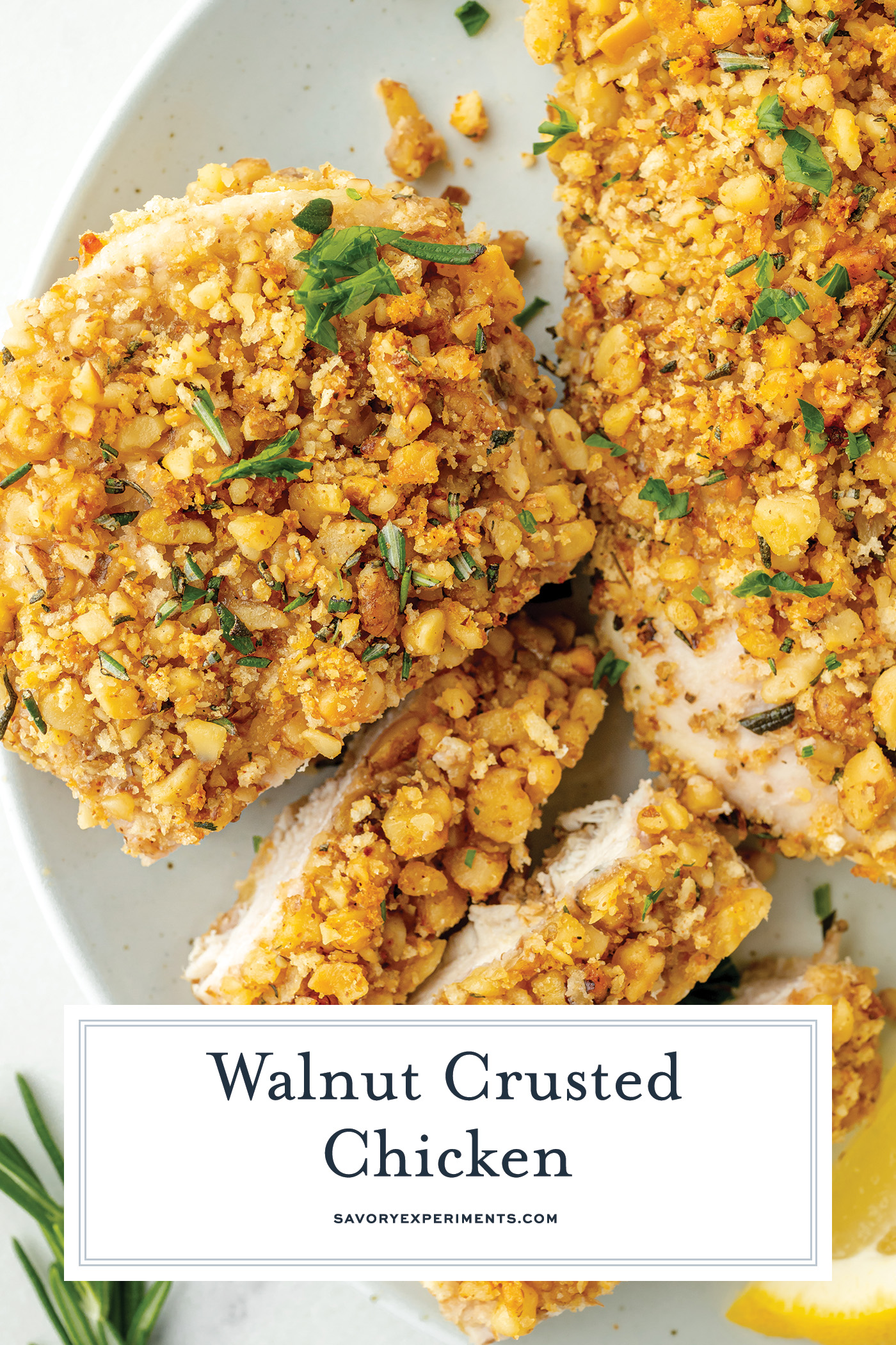 overhead shot of sliced walnut crusted chicken with text overlay