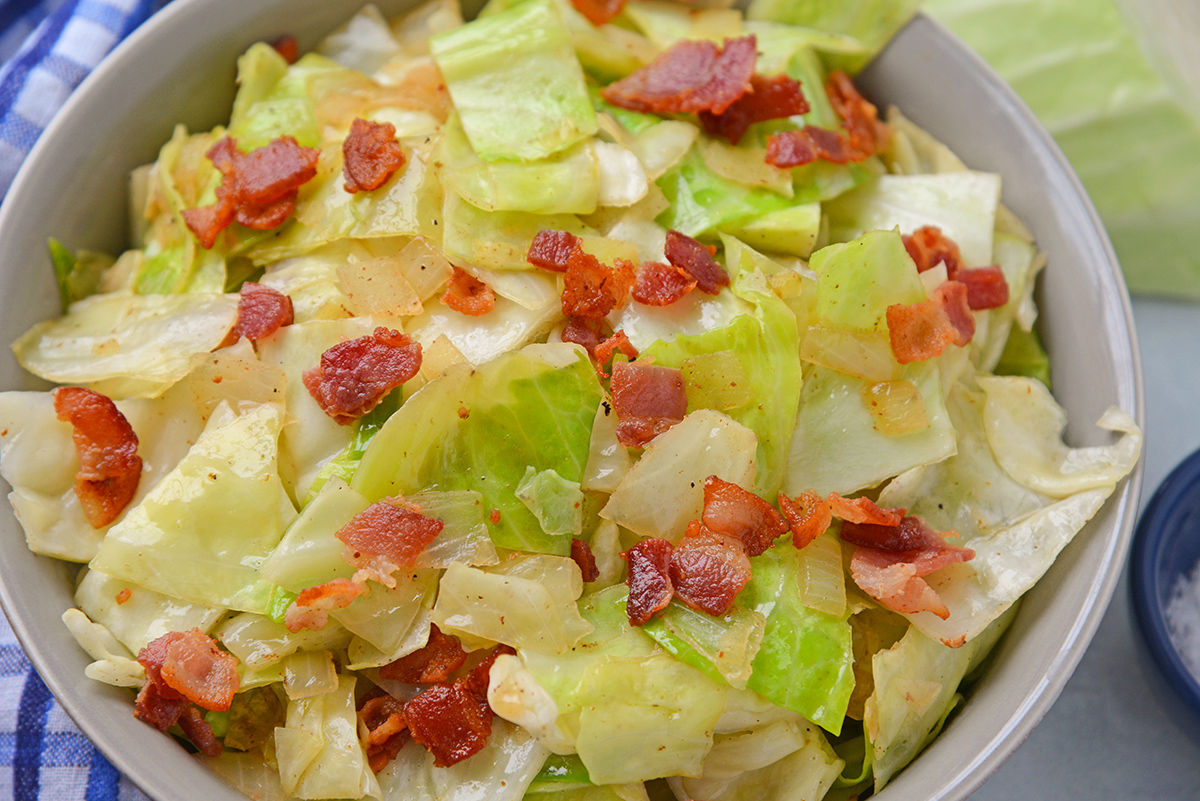 Angle of Bacon Fried Cabbage in a serving bowl