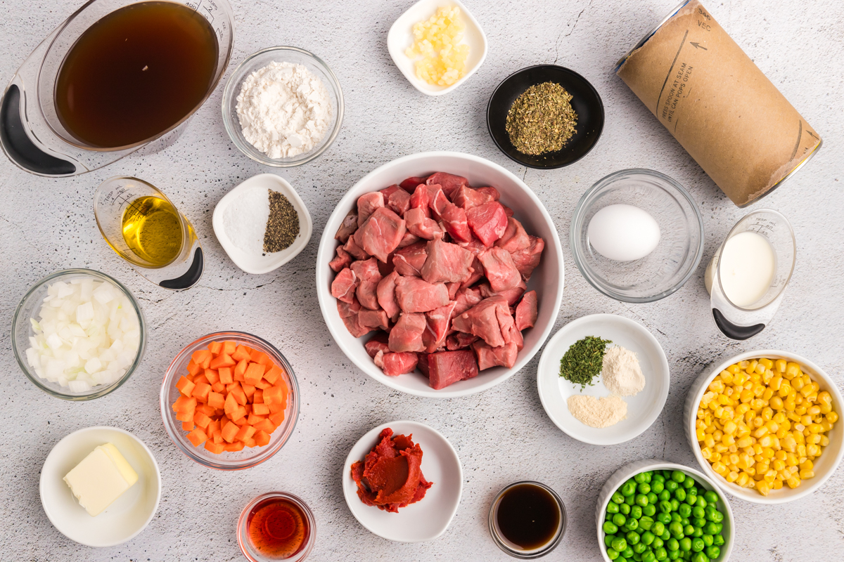 overhead shot of beef pot pie ingredients