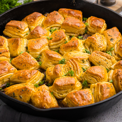 angled shot of skillet of beef pot pie