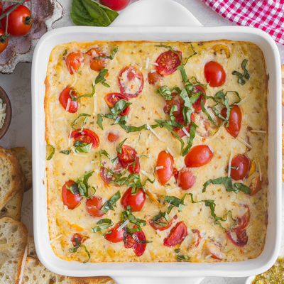 overhead shot of baked caprese dip