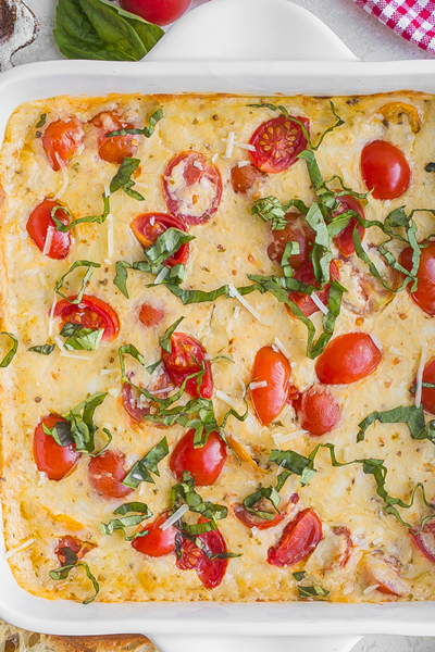 overhead shot of baked caprese dip