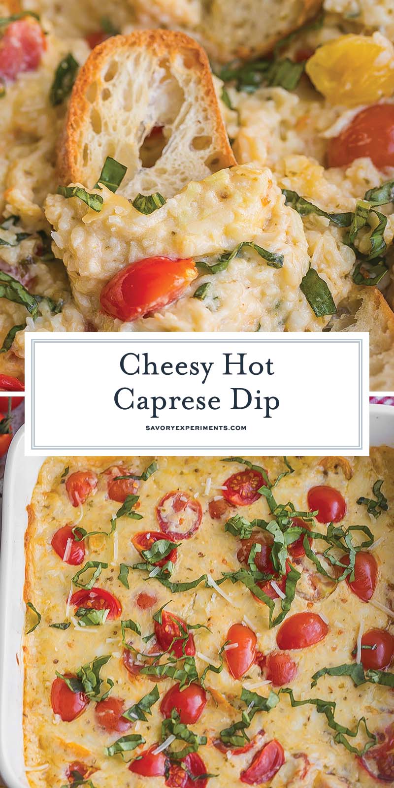 collage of hot caprese dip