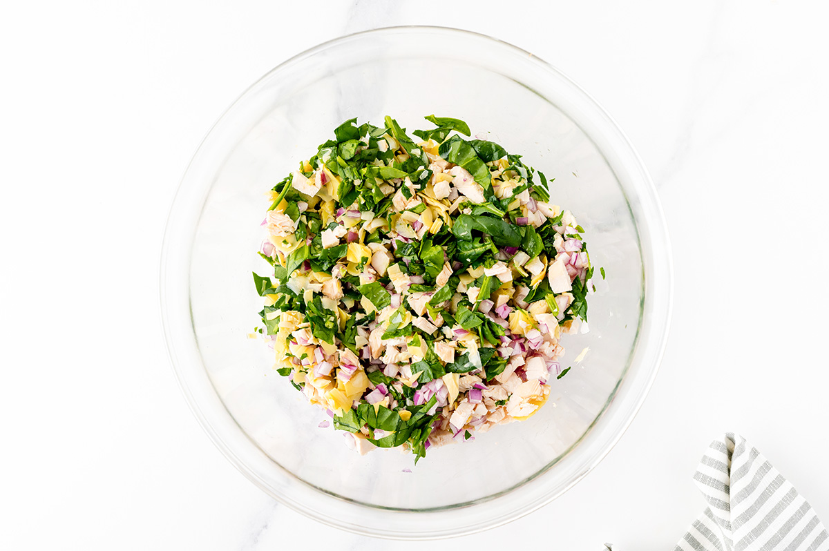 overhead shot of chicken stuffed shell filling in bowl