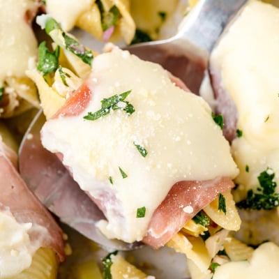 overhead shot of chicken stuffed shell on serving spoon