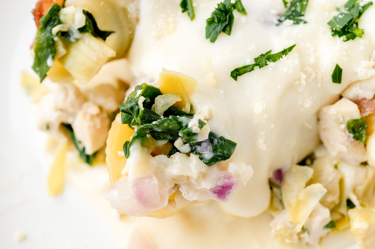 close up angled shot of chicken stuffed shells topped with creamy brie sauce