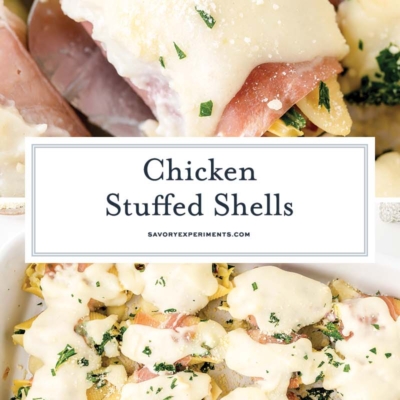 collage of chicken stuffed shells