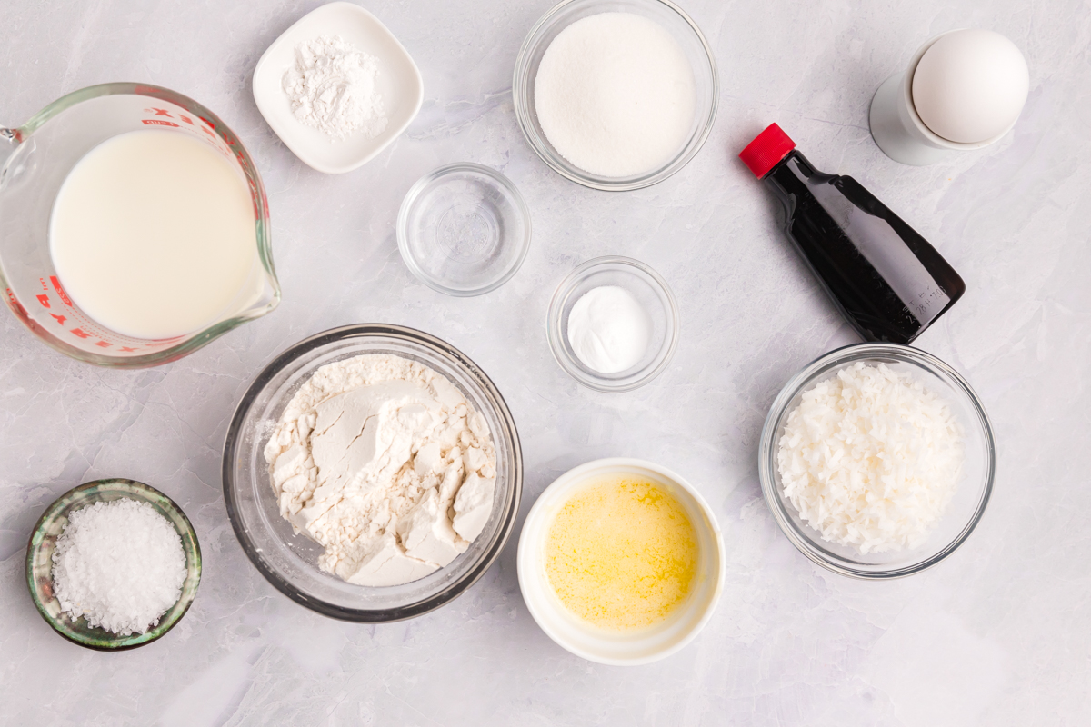 overhead shot of coconut pancakes ingredients