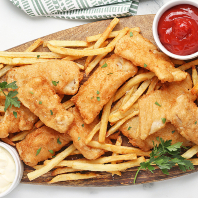 overhead shot of platter of fish fry with fries