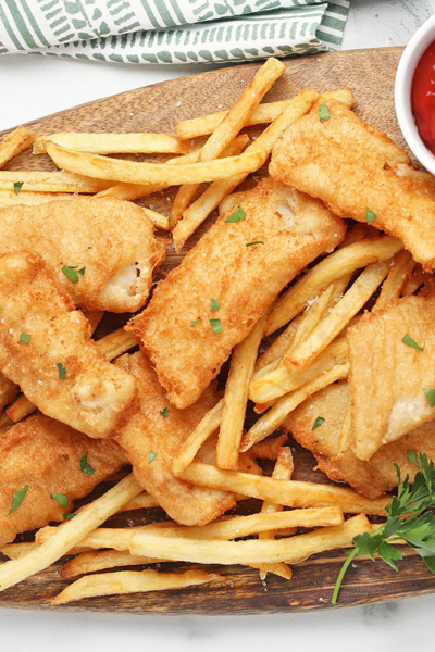 overhead shot of platter of fish fry with fries