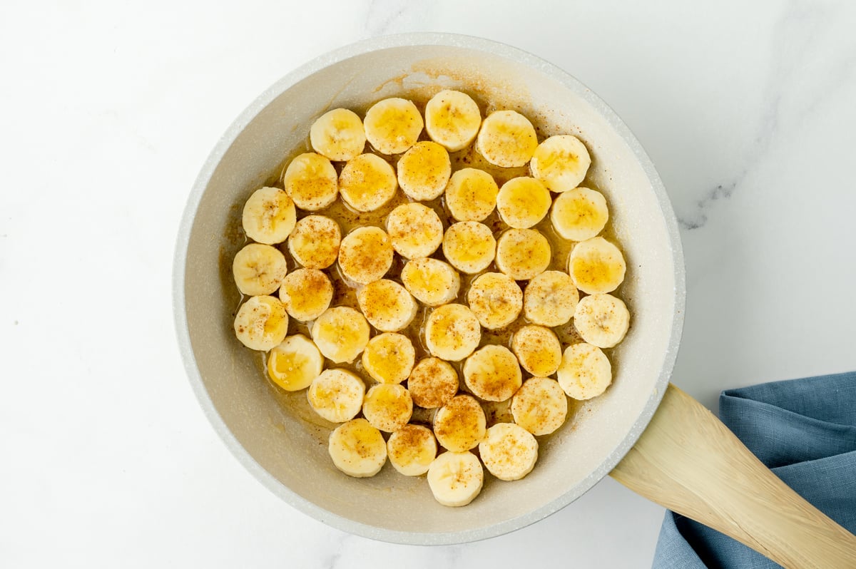 overhead shot of bananas slices in pan