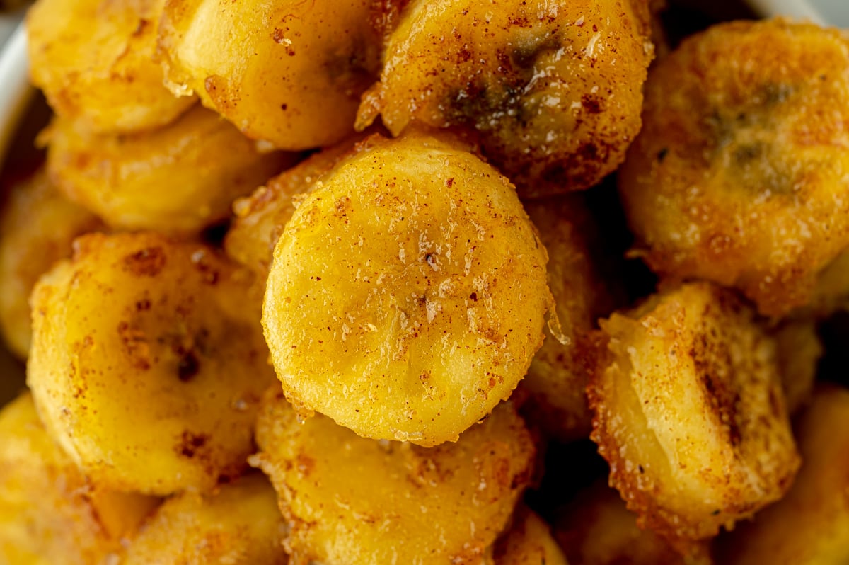 close up overhead shot of bowl of fried bananas