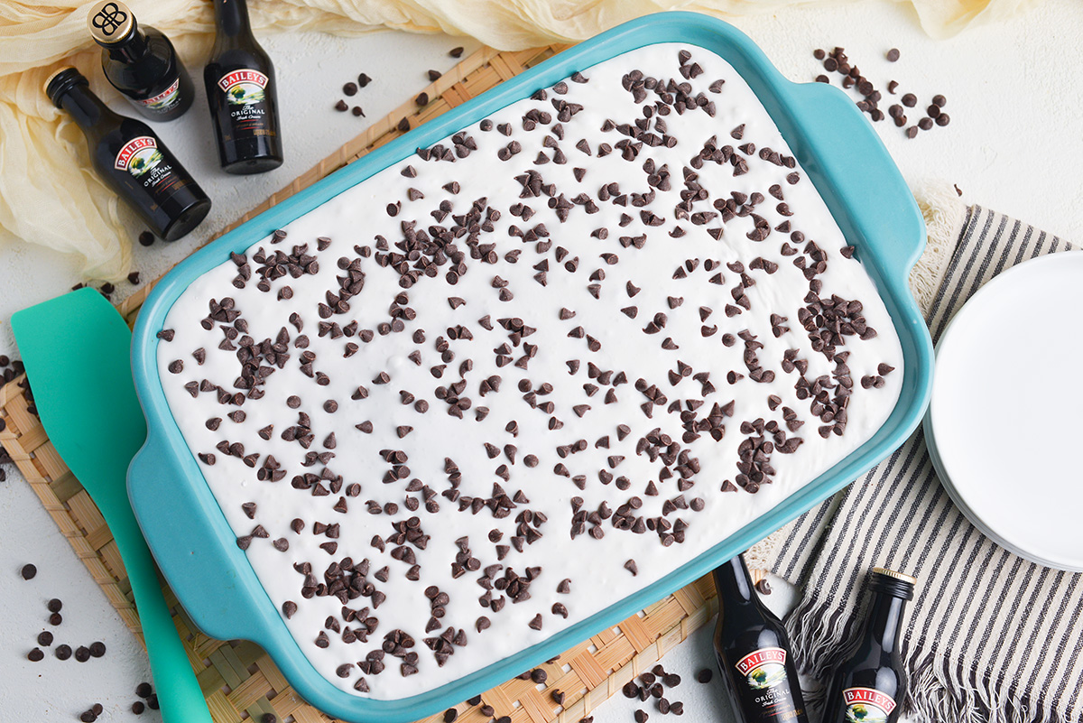 overhead shot of irish cream cake in baking dish