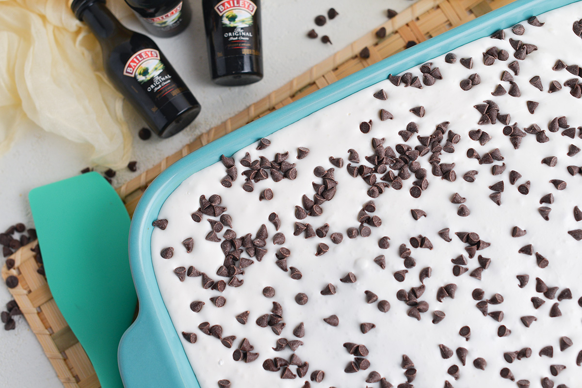 close up overhead shot of irish cream cake in baking dish