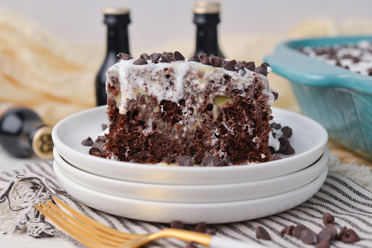 close up straight on shot of slice of chocolate cake on stack of plates