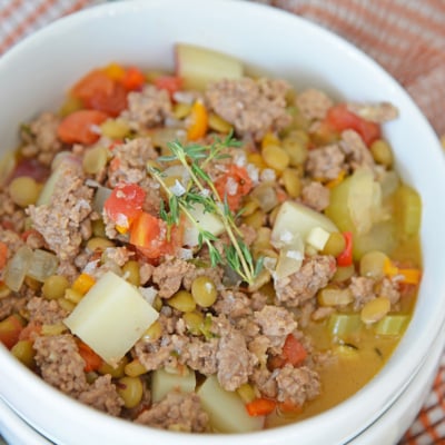 angled shot of bowl of lamb stew