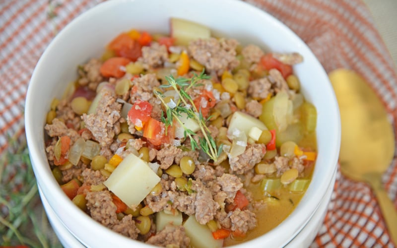 angled shot of bowl of lamb stew