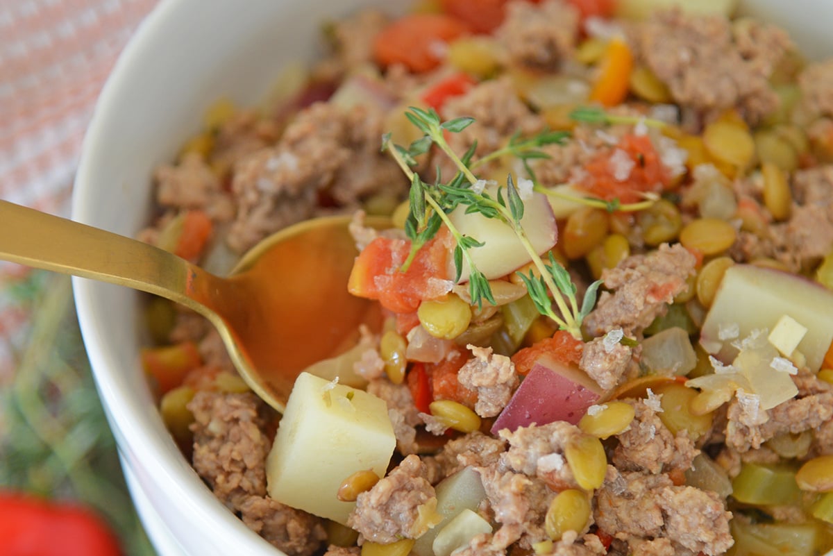 close up shot of spoon in bowl of lamb stew