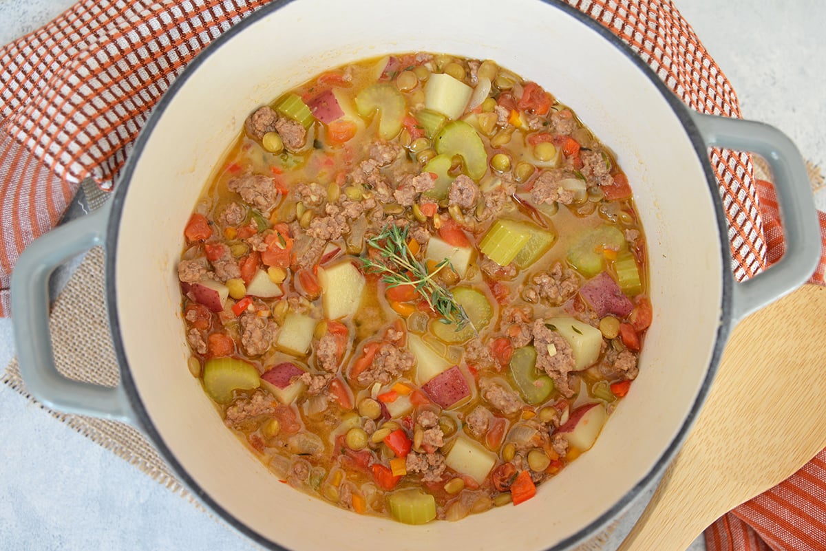 overhead shot of pot of lamb stew