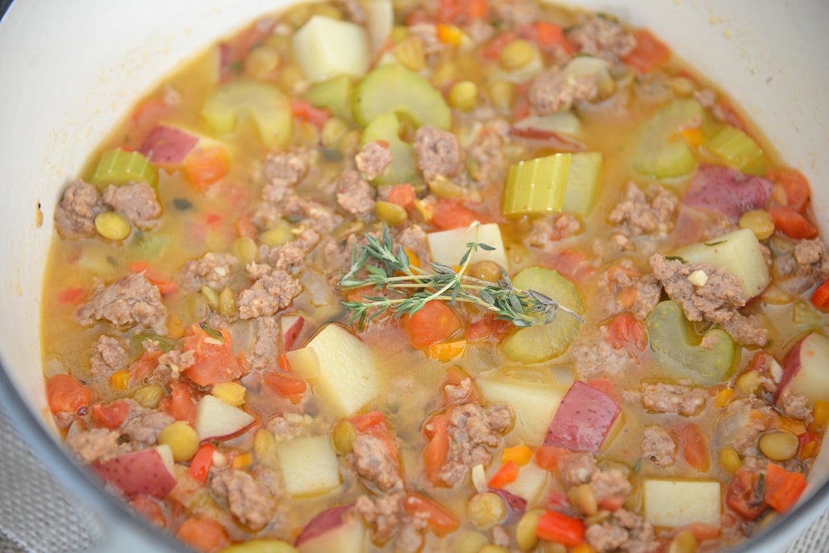 angled shot of pot of lamb stew