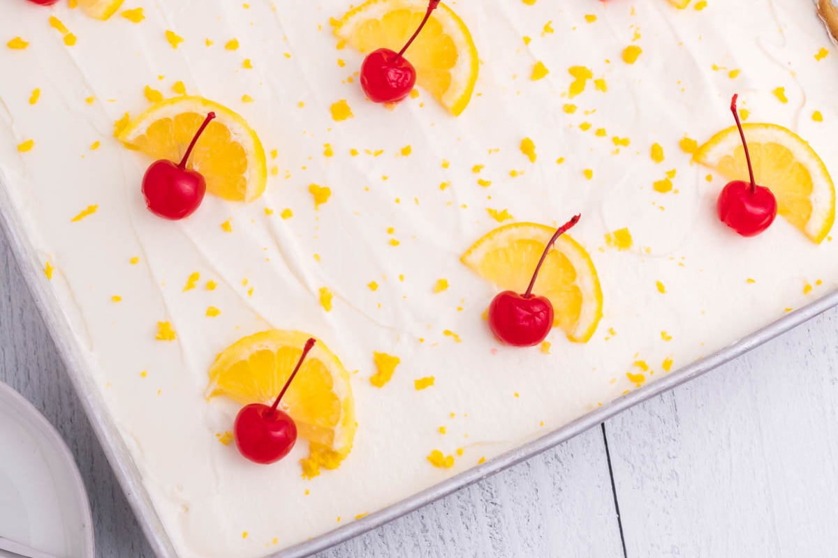 overhead shot of lemon cake in sheet pan