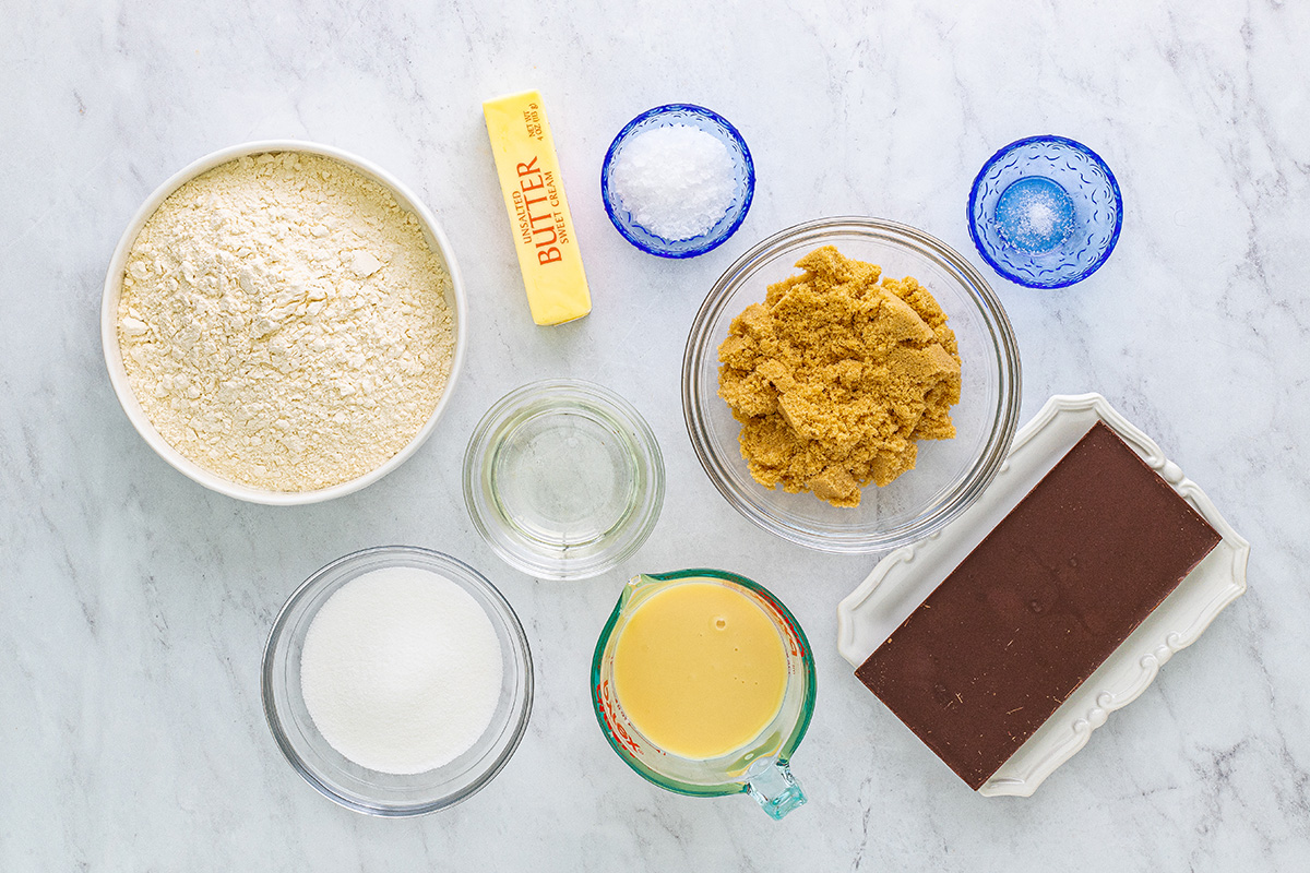 overhead shot of millionaire bars ingredients