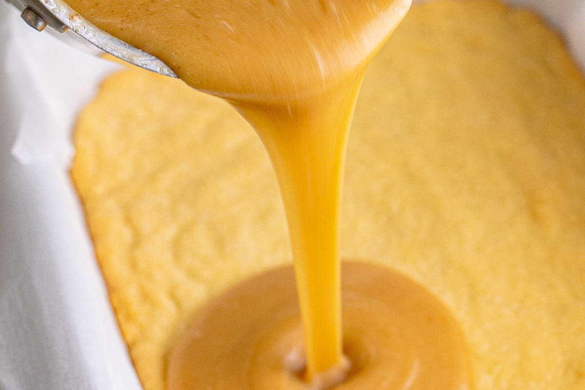 caramel poured onto shortbread crust