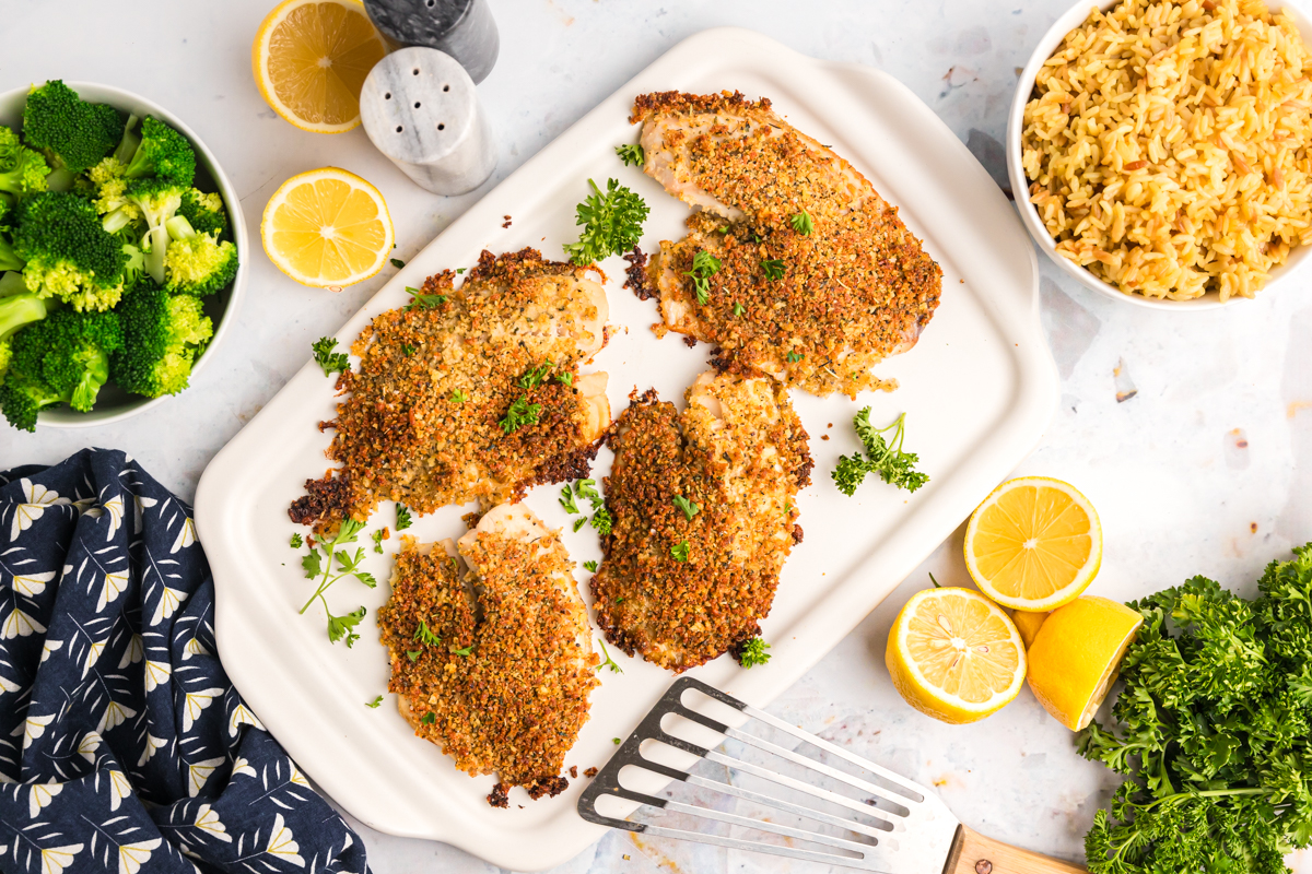 overhead shot of tray of parmesan crusted tilapia