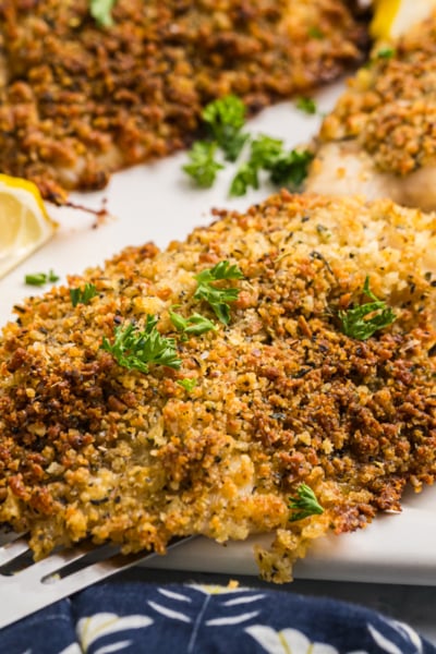 close up angled shot of breaded tilapia on tray