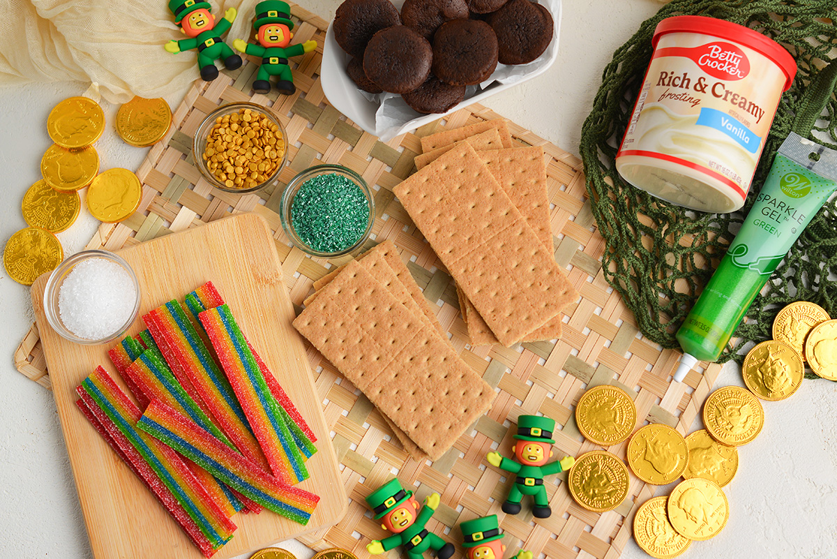 overhead shot of pot of gold snacks ingredients