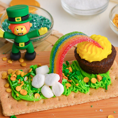 close up angled shot of pot of gold snack with leprechaun