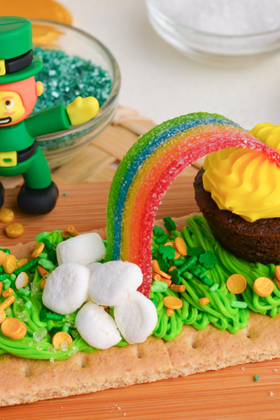 close up angled shot of pot of gold snack with leprechaun