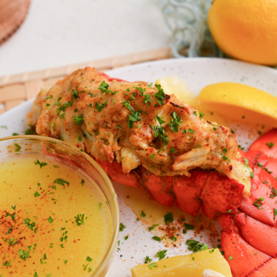 angled shot of plate of stuffed lobster tail