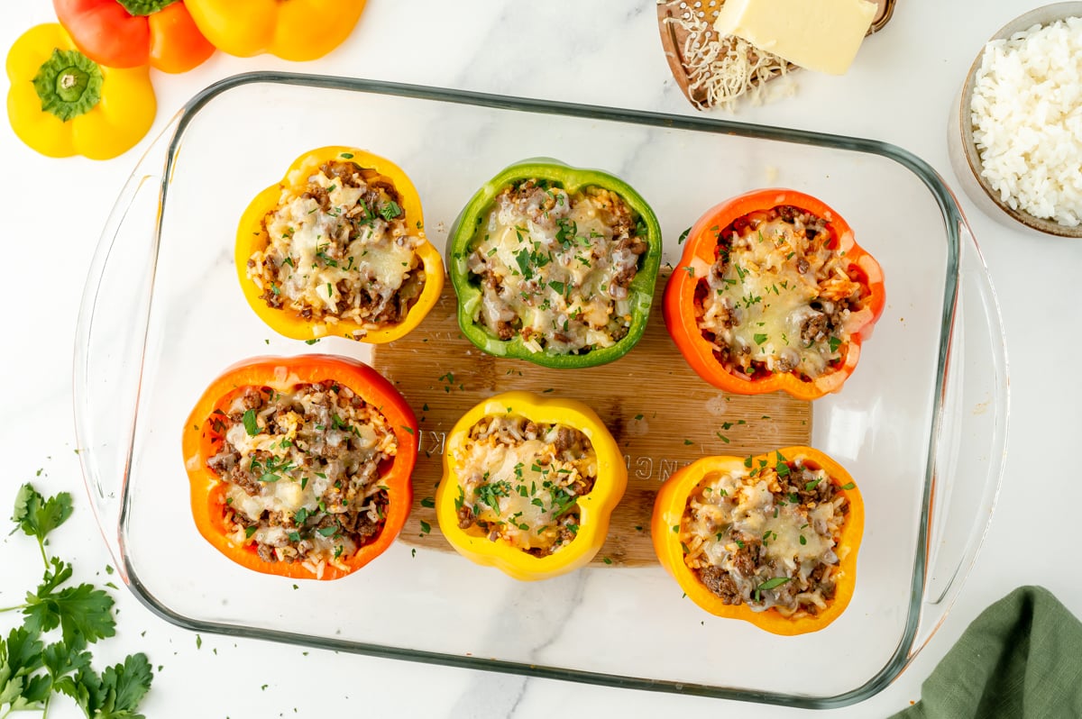 overhead shot of classic stuffed peppers in baking dish