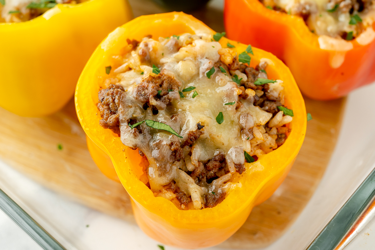 close up overhead shot of yellow stuffed pepper