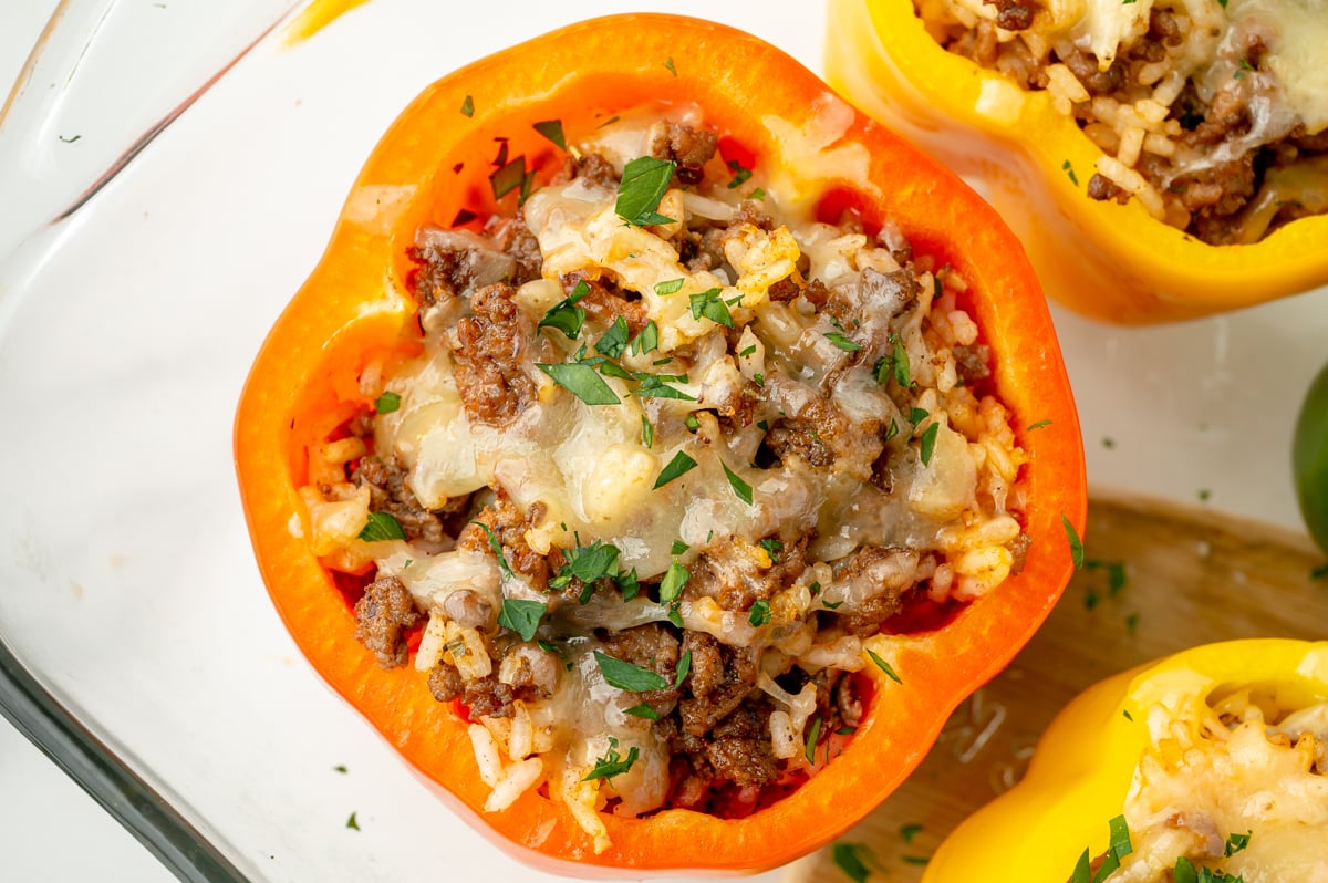 close up overhead shot of orange stuffed pepper