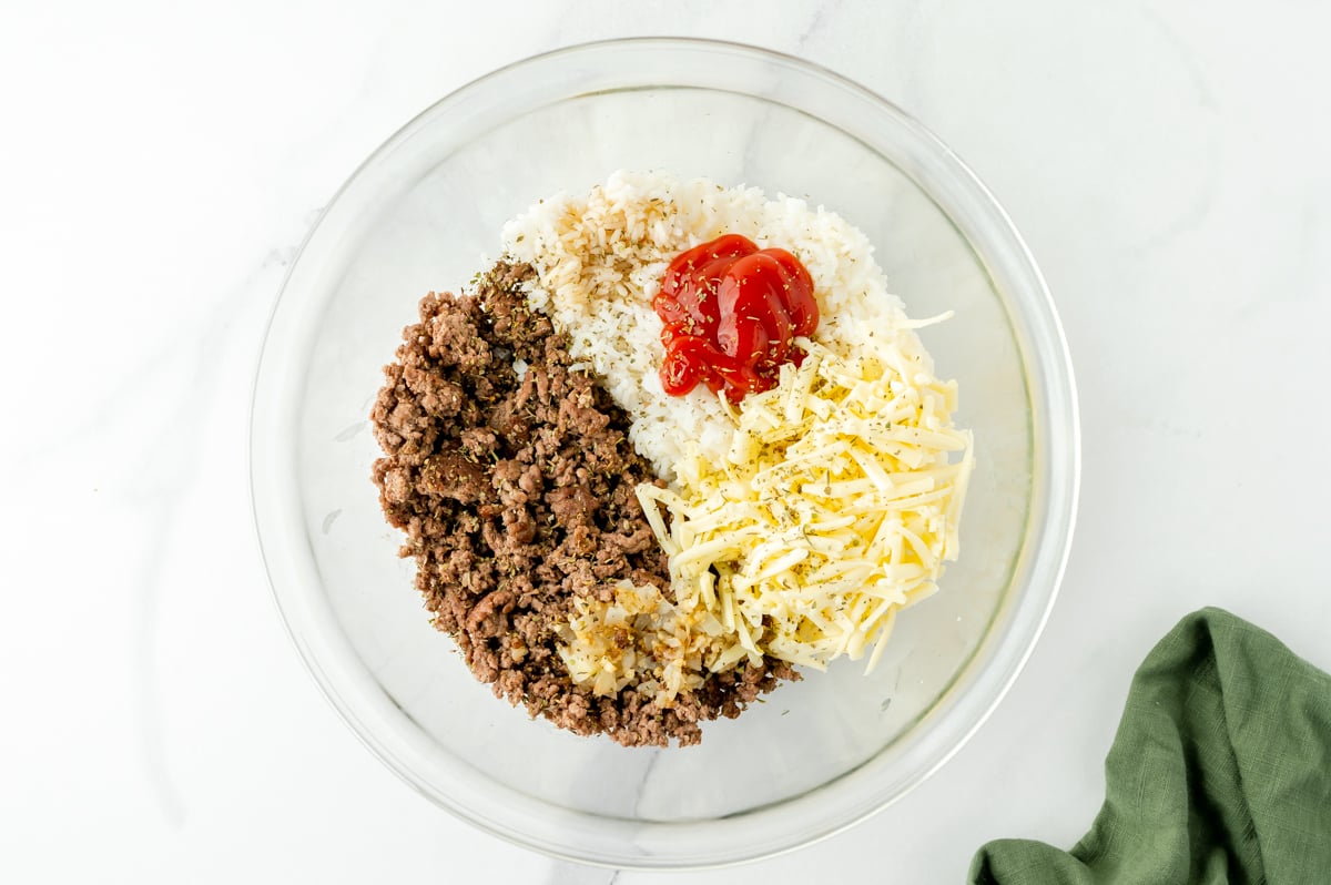 overhead shot of stuffed pepper filling ingredients in bowl