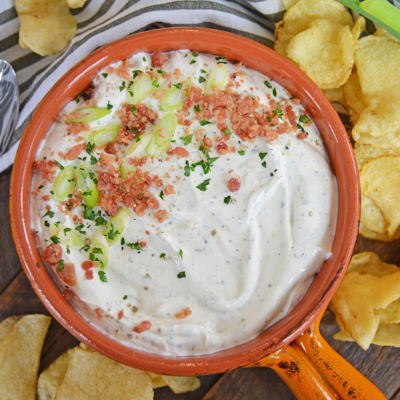 overhead shot of bowl of bacon ranch dip