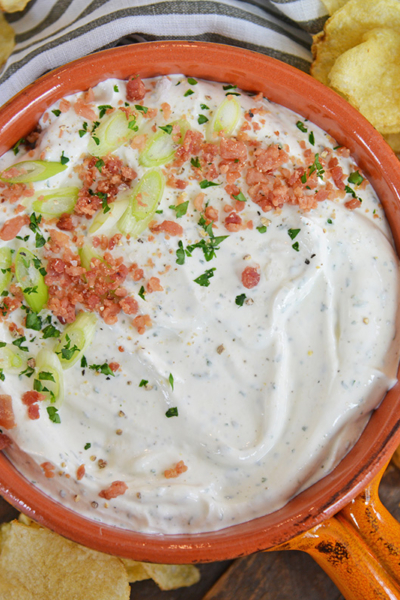 overhead shot of bowl of bacon ranch dip