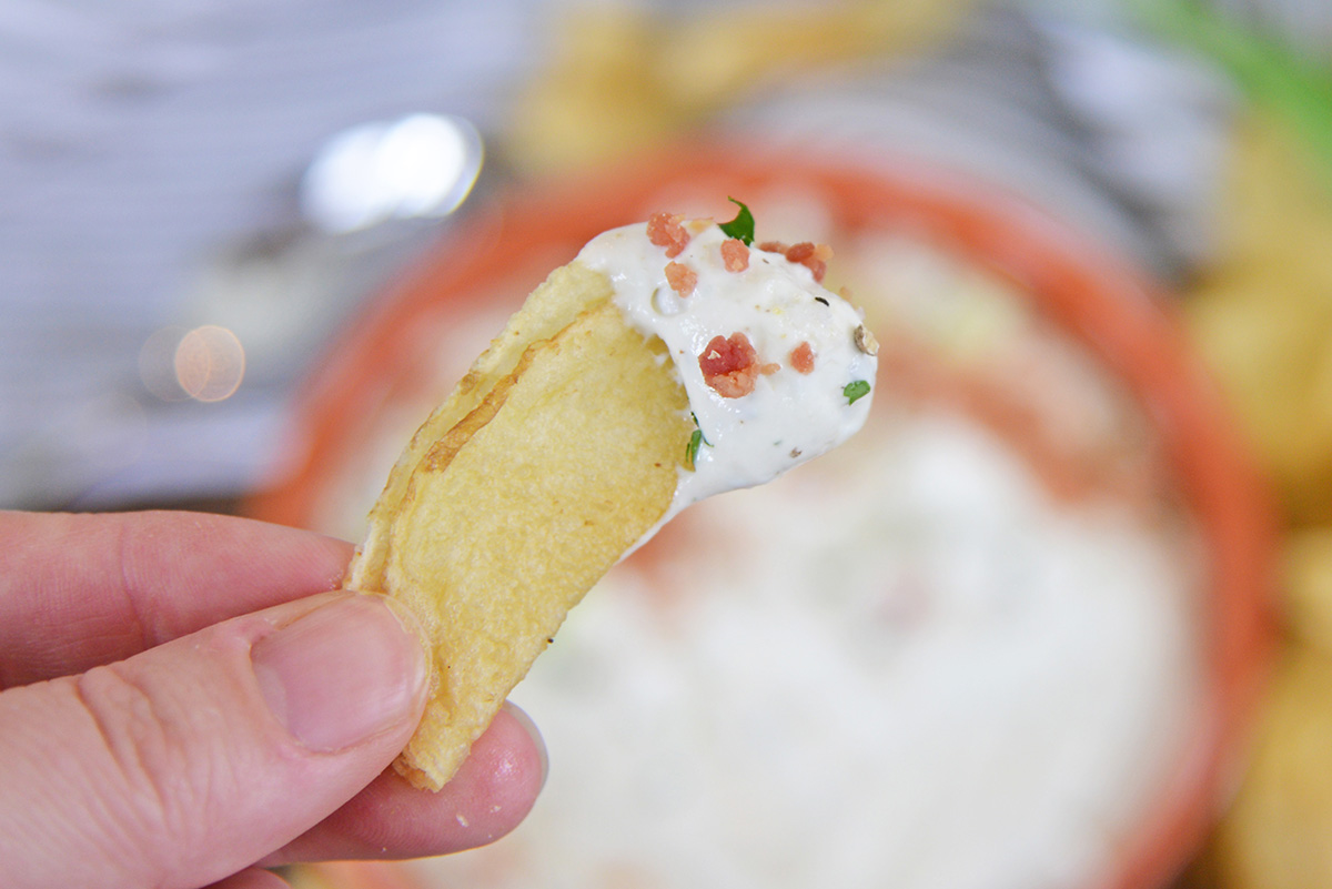 hand holding chip with dip on it