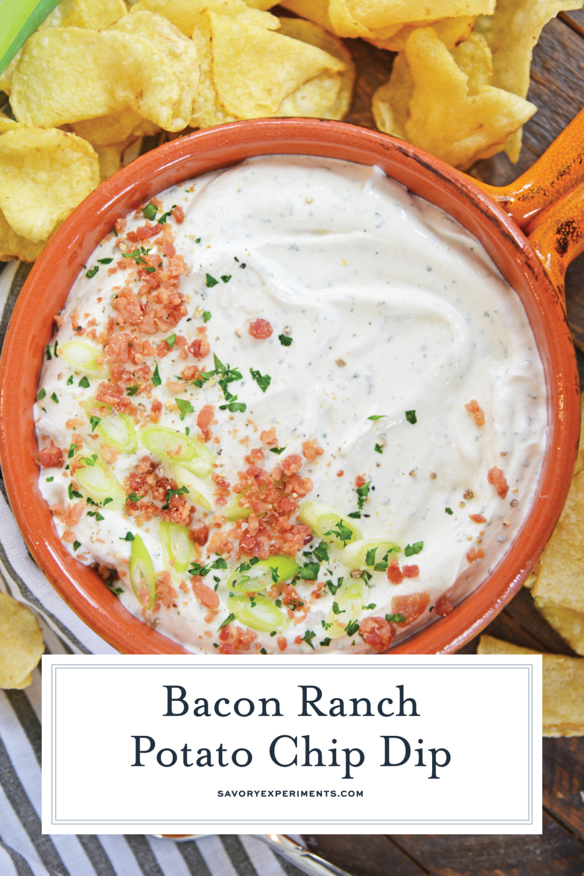 overhead shot of bowl of bacon ranch dip with text overlay