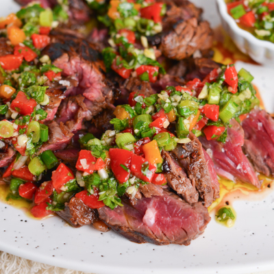 angled shot of bavette steak on plate