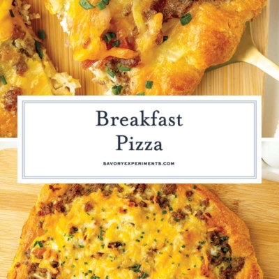 collage of breakfast pizza