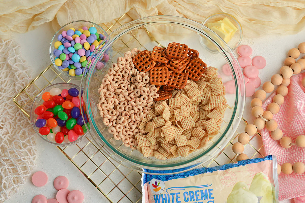 overhead shot of bunny bait snack mix ingredients