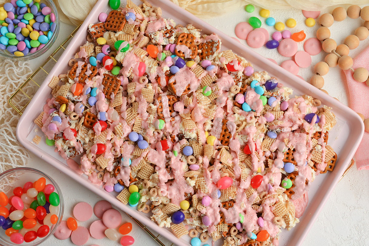 overhead shot of bunny bait on sheet pan